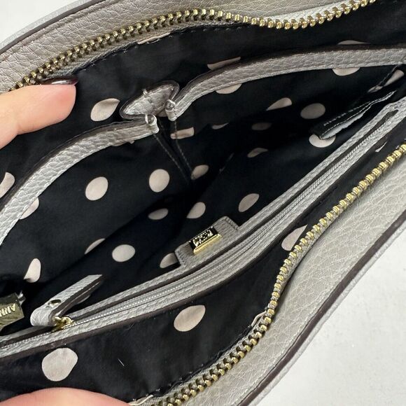 Anne Klein Gray Crossbody Bag Purse Embossed Faux Leather Polka Dot Interior - Picture 7 of 8